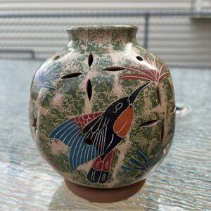 Hand Crafted Clay Pottery Tea Light Candle Holder W/Bird, Turtle, Monkey & Fish